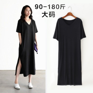 2020 Summer new modal dress short sleeve loose split V-neck pocket chubby girl plus size slimming dress