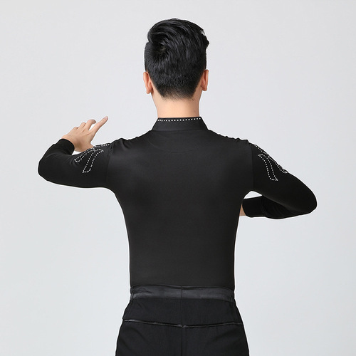 Men's black latin dance shirts ballroom dance tops adult performance costume men's  diamond Latin dance long sleeve top