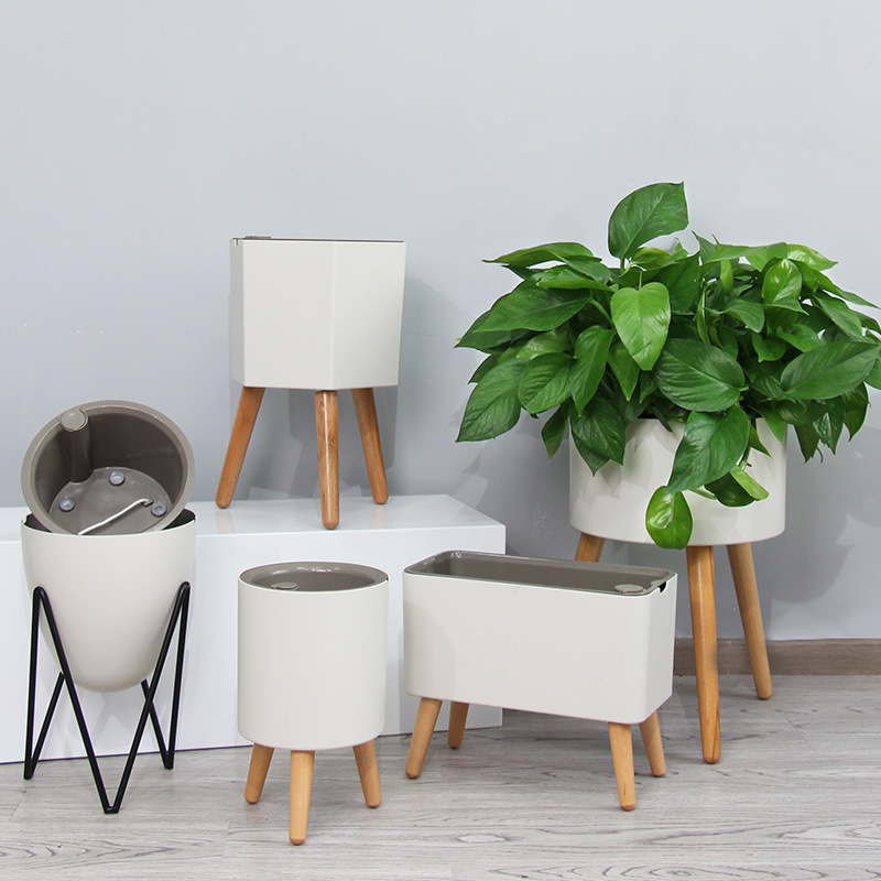 厂家批发Z智能创意懒人花盆实木脚北欧风ins风会报警大号花盆租摆