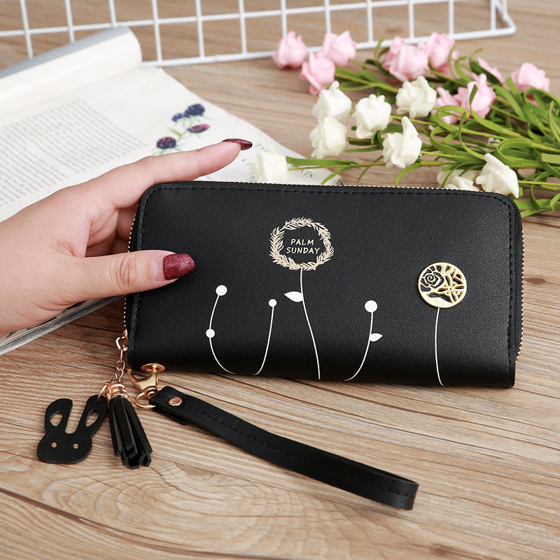 93g Weight Polyester Lining Material Zipper Closure Type Business Occasion Pu Leather Material Solid Color Pattern Women'S Gender Square Shape Dark Grey, Grey, Rose Red, Pink, Green, Blue, Yellow, Black Color Korean Printing Medium Long Single Pull Wallet Wholesale 12
