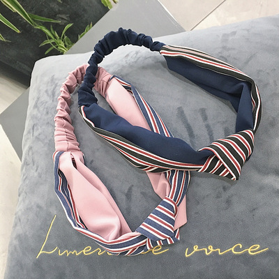 春季新款日韩条纹发带甜美时尚个性复古松紧发带交叉拼色布艺发带