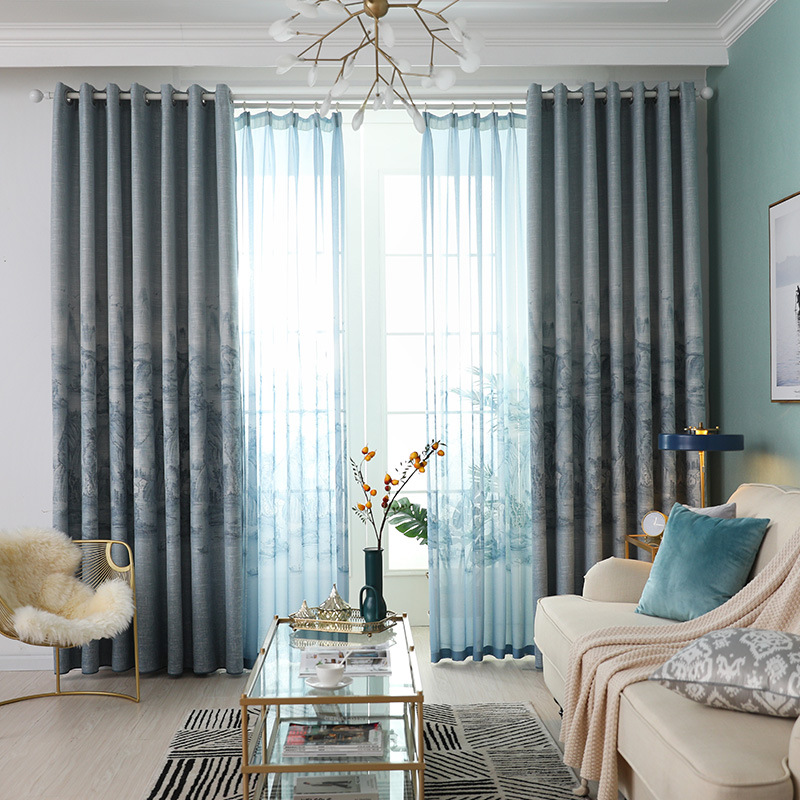 現貨黑絲棉麻窗簾窗紗全遮光水墨畫印花窗簾布料客廳臥室適用批發