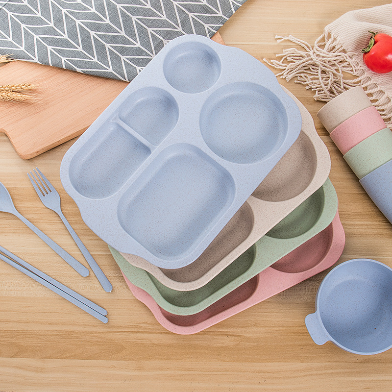 Creative Plastic Wheat Straw Tableware Set Six-piece Set Kindergarten Students and Children's Dietary Plate, Bowl and Spoon