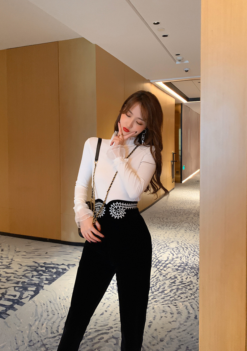Quần nhung nữ cạp cao họa tiết thêu ống skinny — Màu đen chi tiết 11