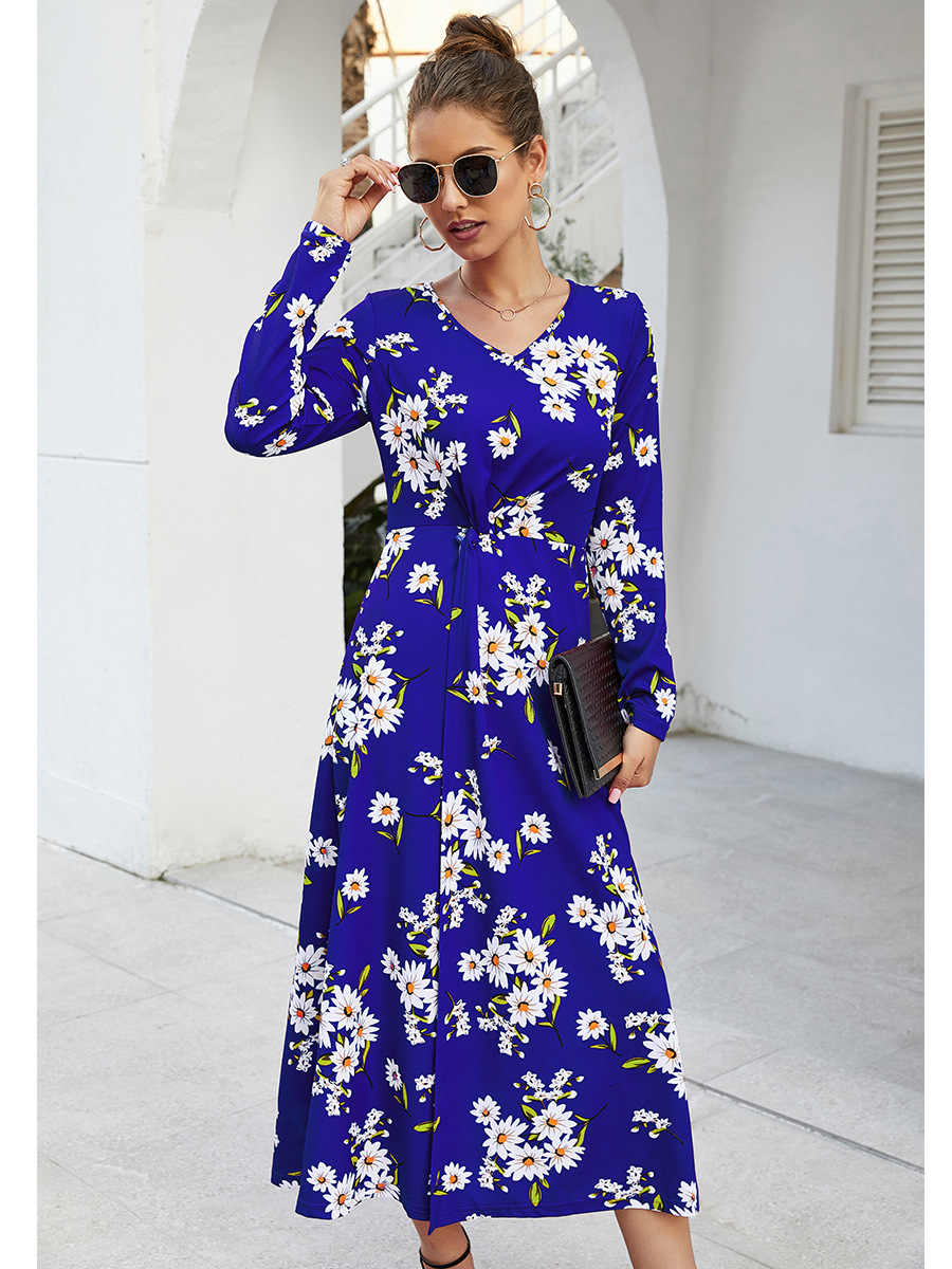 Autumn and Winter Long Sleeve V-neck Printed Dress  NSAL22196