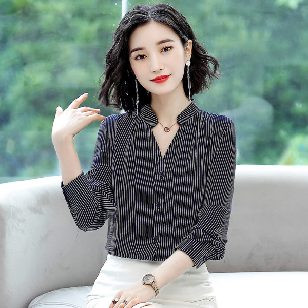 new eye-catching Chiffon striped jacket V-neck shirt long sleeve 