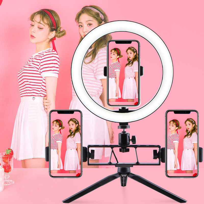 Luz de relleno de trípode de escritorio Soporte de transmisión en vivo para teléfono móvil de múltiples cámaras Anchor Belleza Selfie Fotografía Luz de iluminación de anillo