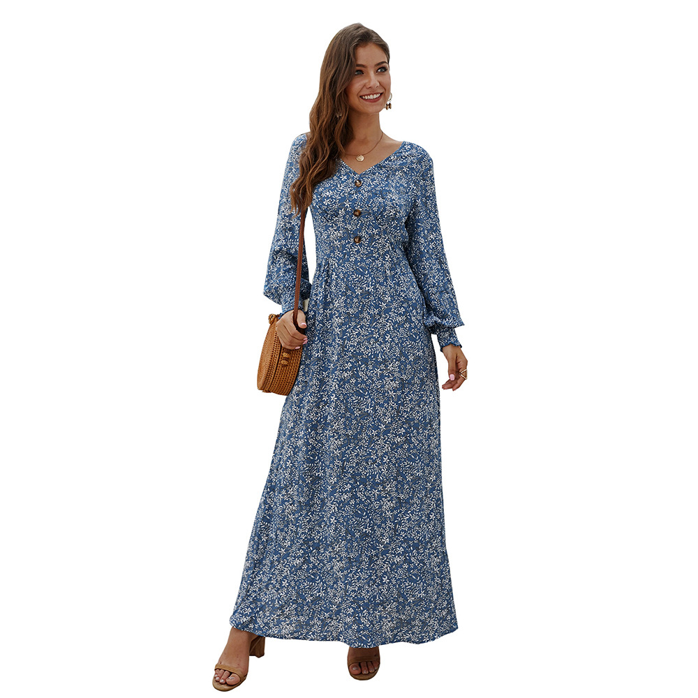 long-sleeved V-neck floral dress NSDY8190