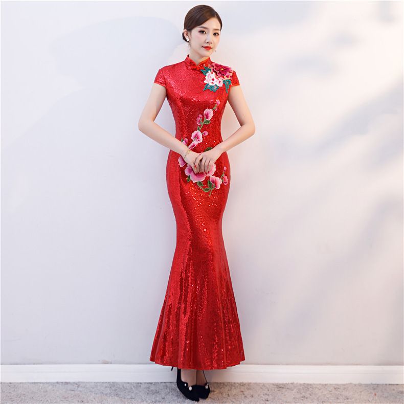 Chinese Dress Qipao for women long fishtail red bud cheongsam dress