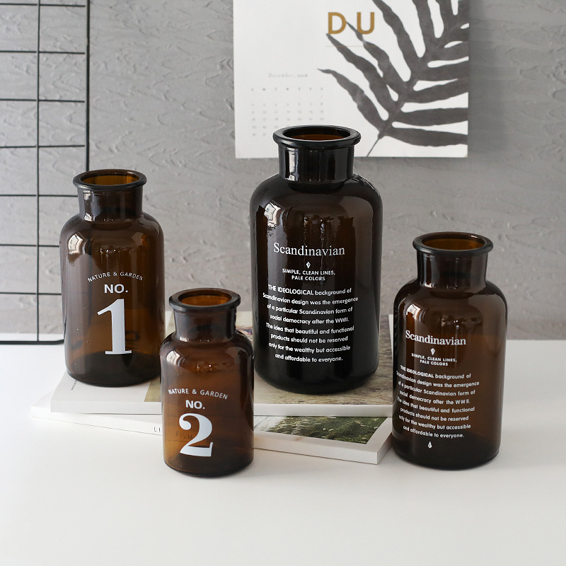 棕色英文印字北欧ins风 干花玻璃花瓶 复古家居摆件装饰瓶