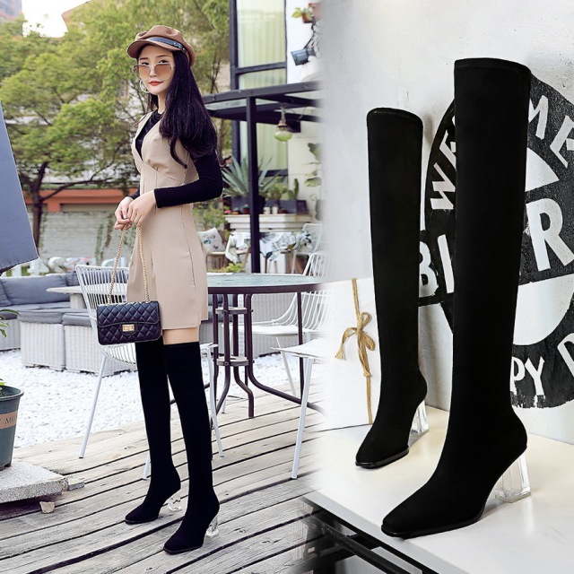 Korean fashion women’s boots transparent crystal high heel square suede sexy slim knee high boots