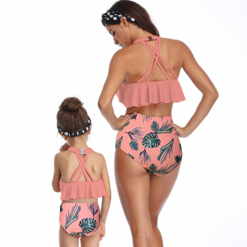 polka dot print ruffled high-waist parent-child tankinis two-piece set swimsuits  NSHYU121353