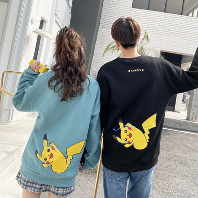 2019秋冬季 情侣装休闲圆领卡通加绒皮卡丘卫衣男女班服|ms