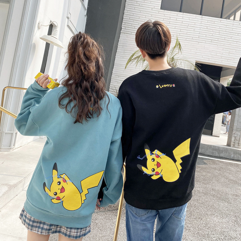 2019秋冬季 情侣装休闲圆领卡通加绒皮卡丘卫衣男女班服|ms