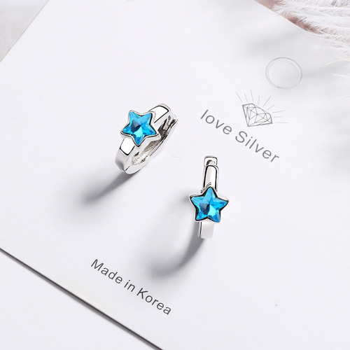 Blue five-pointed star earrings, personalized small artificial crystal earrings, niche cold style earrings, earrings, copper Korean version