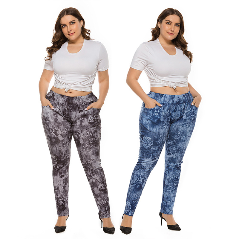 2020 Autumn and winter Foreign trade Cross border Europe and America Large Women's wear Casual pants fat mm fashion printing Elastic Stretch pants