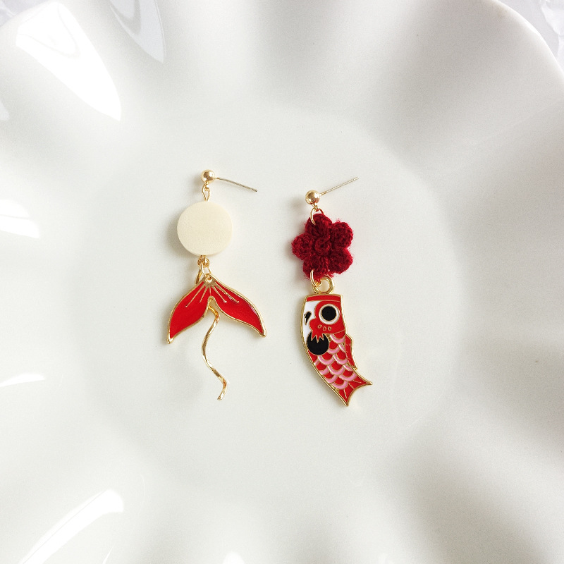 国风锦鲤红耳环个性曲线鱼尾耳坠针织花朵耳饰小众鱼耳夹女555E8|ms