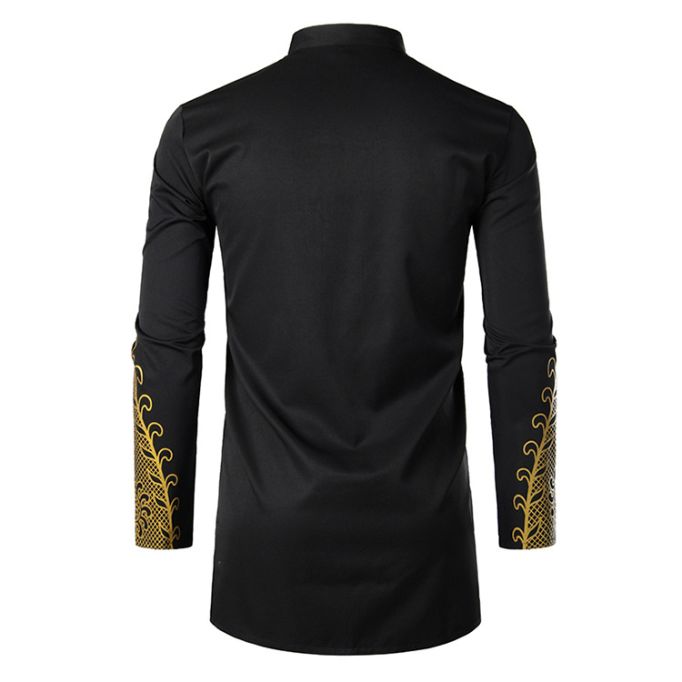Cross-border foreign trade fashion hot stamping print stand up collar long shirt Muslim men's pullover shirt loose African robe