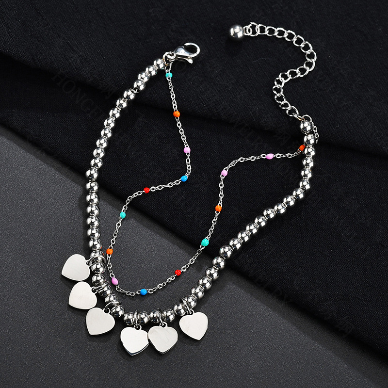 New Simple Fashion Heart-shaped Bracelet Stainless Steel Adjustable Ball Heart Color Rice Beads Bracelet display picture 2