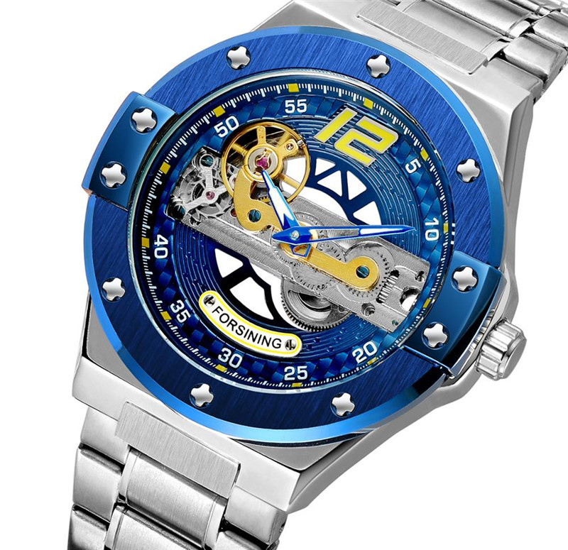 Forsining Fusini correa de acero de los hombres casual reloj mecánico automático transparente inferior hueco motocicleta reloj 897