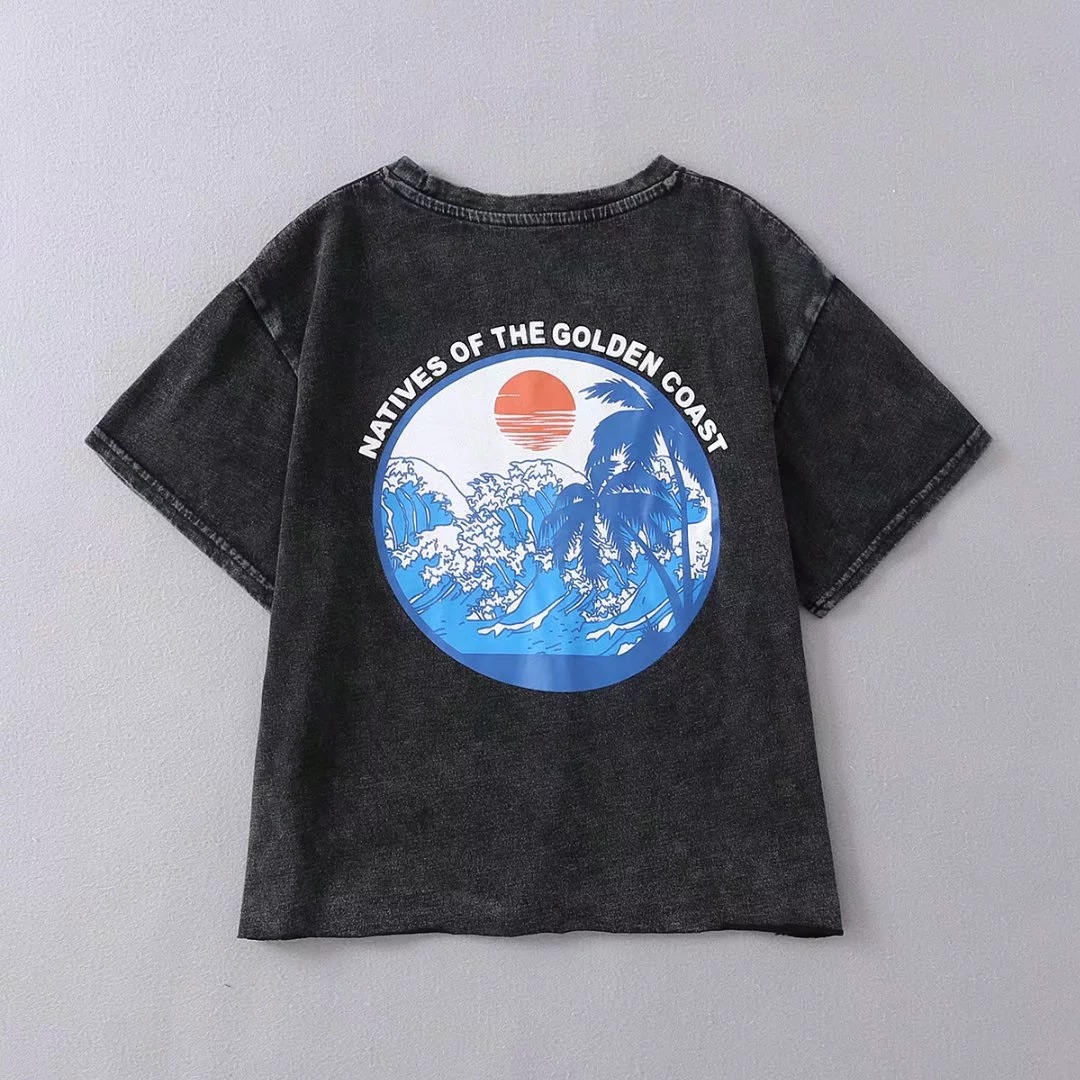 Retro Casual round Neck T-shirt Washed Distressed Color Printed High Waist Short Sleeve Bottoming Top in Tops & Tees