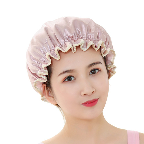 Double-layer satin waterproof shower cap, thickened adult men's and women's shower cap, oil-proof PE cloth baked oil cap