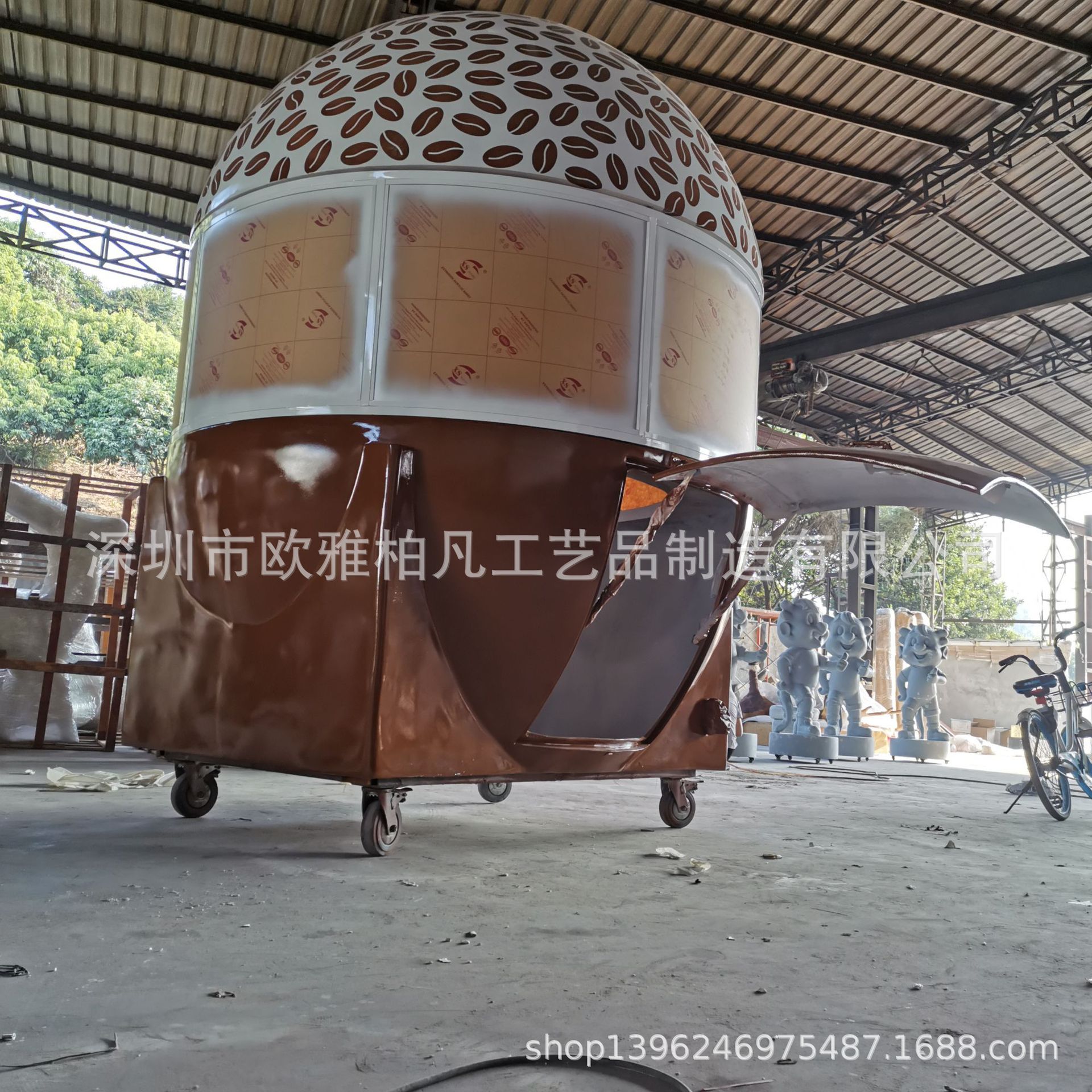 玻璃钢快闪店售卖亭 咖啡豆橘子各种造型餐车 影视动漫玻璃钢卡通