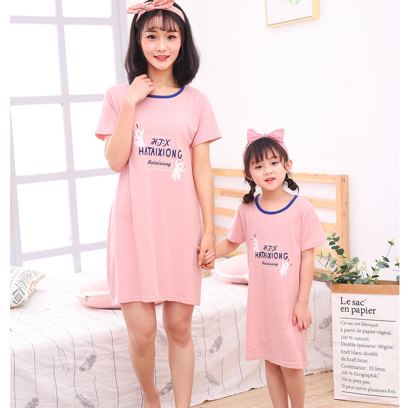 夏季儿童短袖t恤睡裙女童卡通裙亲子睡衣夏季纯棉短袖薄款母女裙|ru