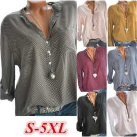 2018wish速卖通ebay爆款衬衫圆点V领长袖拼接套头衬衣