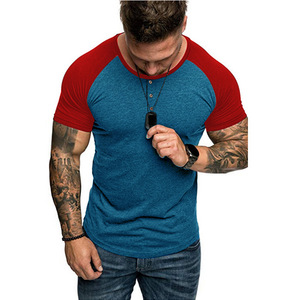 Color matching T-shirt summer Henry collar short sleeve T-shirt arc hem raglan sleeve
