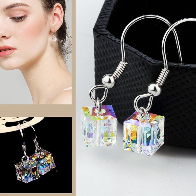 韩国气质方糖水晶耳线女S925纯银耳钩长款流苏耳坠显脸瘦耳环