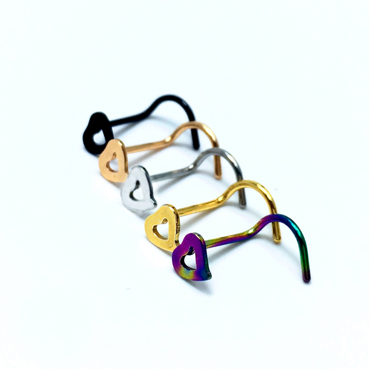 Selling new pattern puncture love Bihuan Anti allergy Stainless steel Peach Bend angle Nose nail Jewelry wholesale