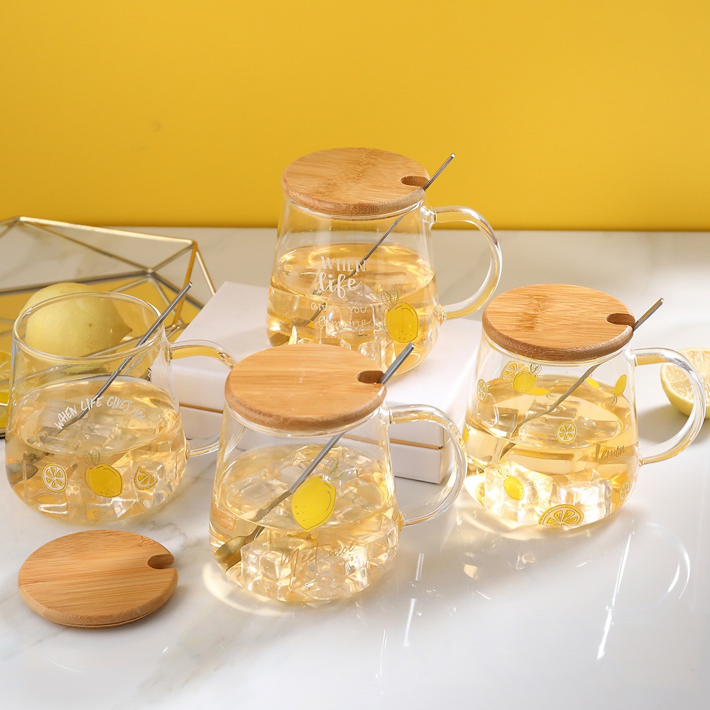 Simple creativo limón taza de cristal con tapa Cuchara regalo transparente beber fruta resistente a altas temperaturas