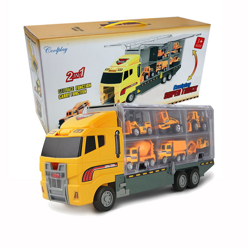 跨境 迷你合金工程车收纳货柜运输车模型6件套开门惯性车儿童玩具