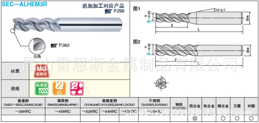 日本米思米MISUMI铝加工用硬质合金平头型立铣刀SEC-ALHEM3R2