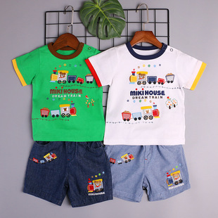 Летний мультяшный поезд, шорты, нарукавники, комплект, футболка, детская одежда, короткий рукав, с вышивкой