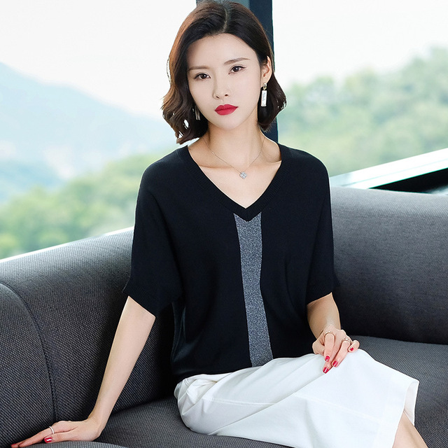 Summer V-neck thin T-shirt women’s ice silk short sleeve middle panel bright silk vertical grain loose knit top