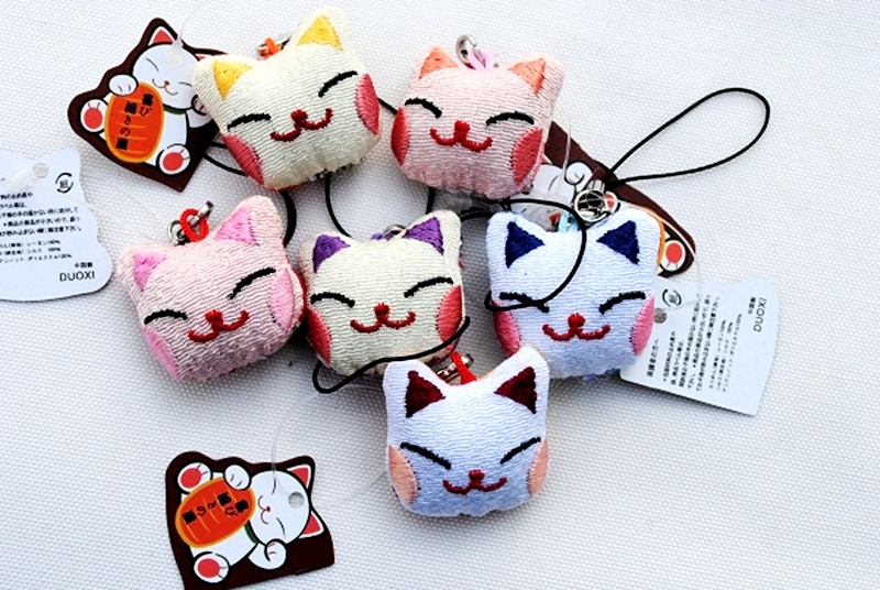 日本外贸和风招财猫手工布艺小猫头手机链手机挂件DIY小饰品批发|ru