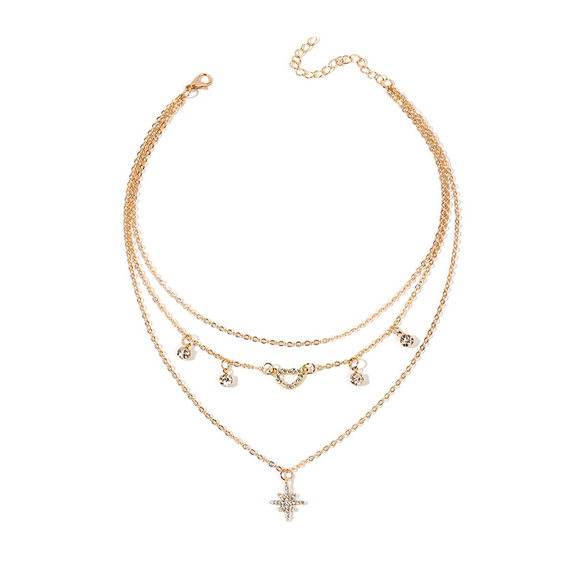 8g Weight Necklace Classification Wedding, Travel Occasion Women'S Gender Gold Color Fashion Multilayer Hexagram  Retro Exaggerated Love Diamond Necklace 1