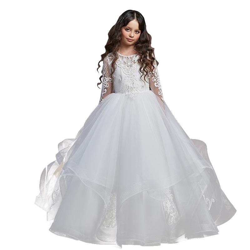 Comercio exterior nuevo transfronterizo europeo y americano vestido de novia de los niños encaje manga larga cuello redondo de los niños pasarela show anfitrión rendimiento pettiskirt