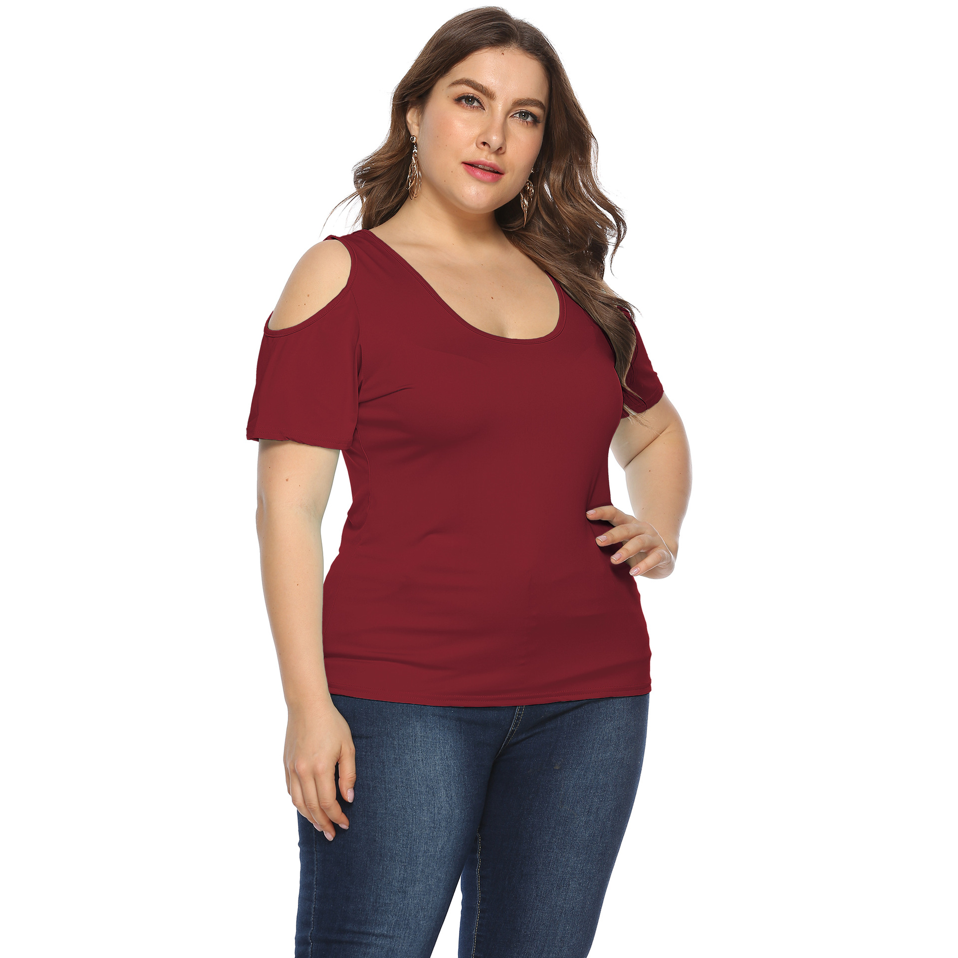 Plus Size Solid Color Simple Round Neck Strapless Short Sleeve T-Shirt NSOY27389