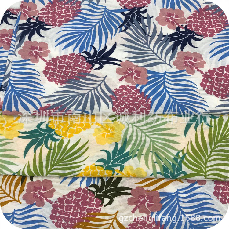 现货供应  叶子小菠萝丝棉印花布 童装裙子服装印花面料 衬衫印花
