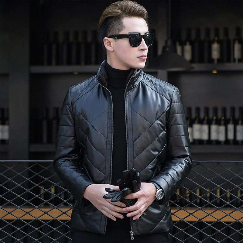 Down jacket, genuine leather, Korean style, for middle age
