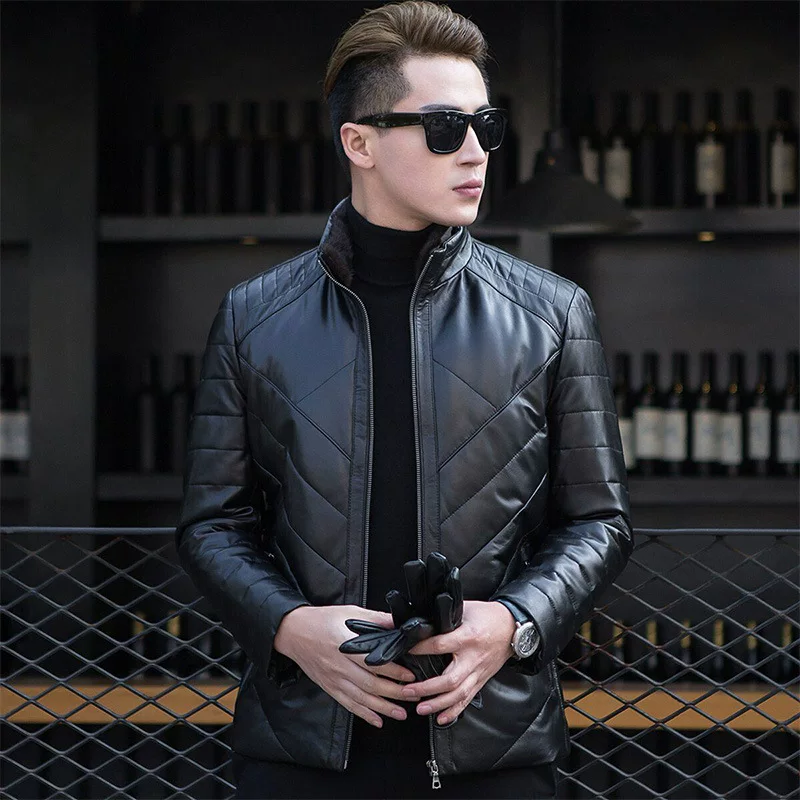 Down jacket, genuine leather, Korean style, for middle age