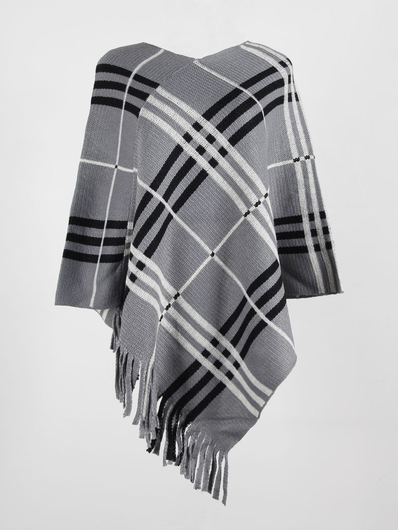 V-Neck Fringed Plaid Striped Diagonal Shawl Cloak Sweater NSMMY83109