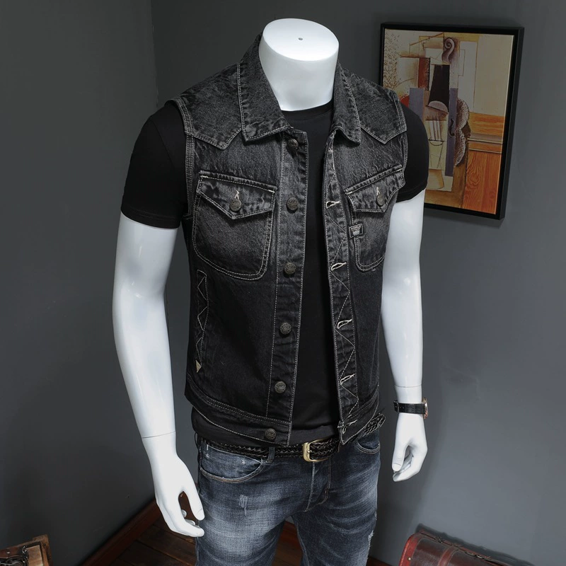 Black denim vest sleevless, European style, gradient, item code