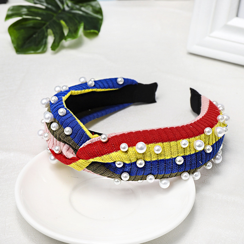 Simple Wild Rainbow Pearl Hairpin Stripe Knit Wool Wide Wash Headband display picture 6