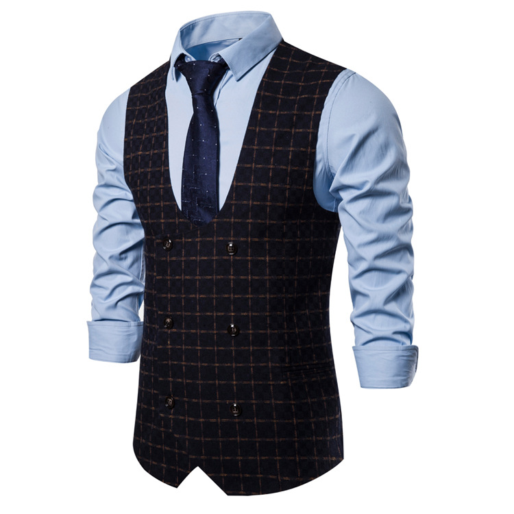 New men's leisure U-neck foreign trade Plaid vest men's slim British style vest in autumn of 2019