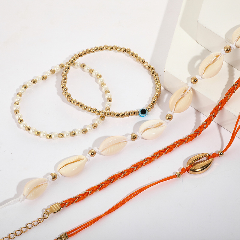 Bohemia Hand-woven Wax Thread Rice Beads Eyes Conch Shell Anklet 5-piece Set Wholesales Fashion display picture 5