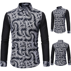 Men’s fashion patchwork printed slim long sleeve shirt